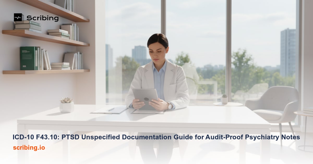 Clinical documentation guide for ICD-10 F43.10 PTSD unspecified code used by psychiatrists and licensed clinical social workers