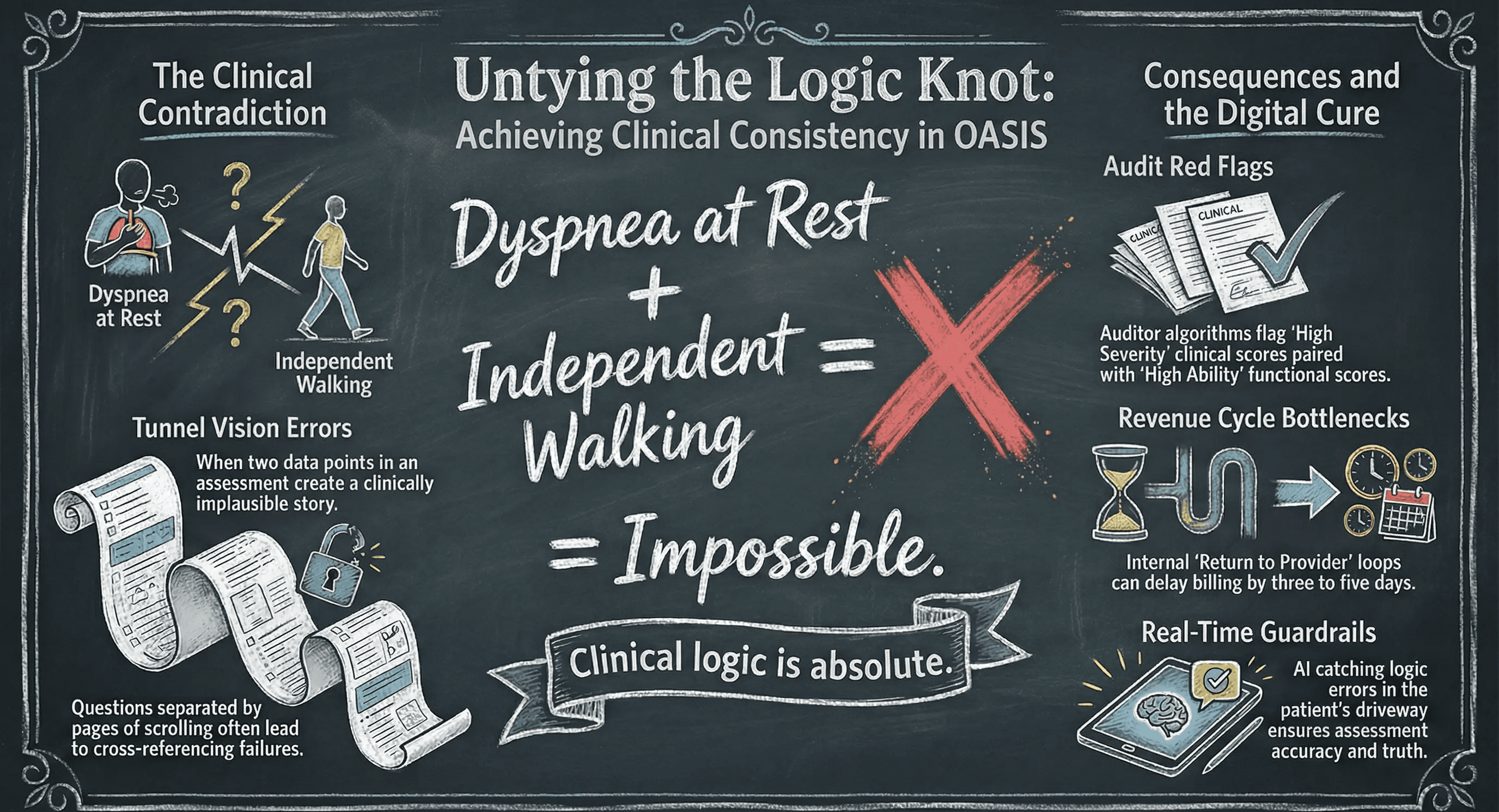 A chalkboard style illustration showing a clinical equation. Text reads "Dyspnea at Rest plus Independent Walking equals Impossible." A large red X crosses out the result. Side panels list common logic errors like "Tunnel Vision Errors" and "Audit Red Flags."