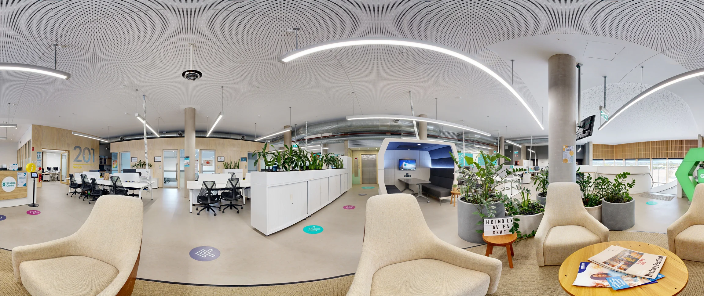 A wide panoramic 3D spatial capture of the open plan commercial office space at the Stretton Centre, designed to accelerate commercial leasing and facilities management.