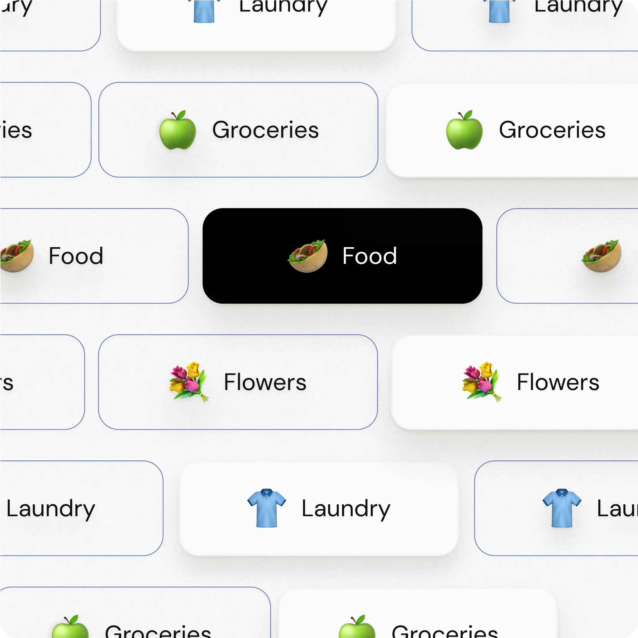 Image showing a selection of service category buttons from an app interface. The categories include 'Groceries' with a green apple icon, 'Food' with a taco icon, 'Flowers' with a bouquet icon, and 'Laundry' with a blue shirt icon. Each category is displayed multiple times in a grid format, with one 'Food' button highlighted in black among the predominantly white buttons. The design is clean and minimalistic, using simple icons and text to differentiate each service.