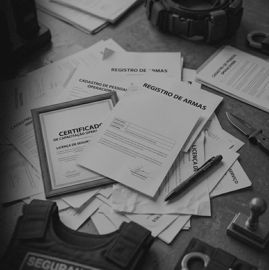 Pilha de papéis com autorizações e certificados.