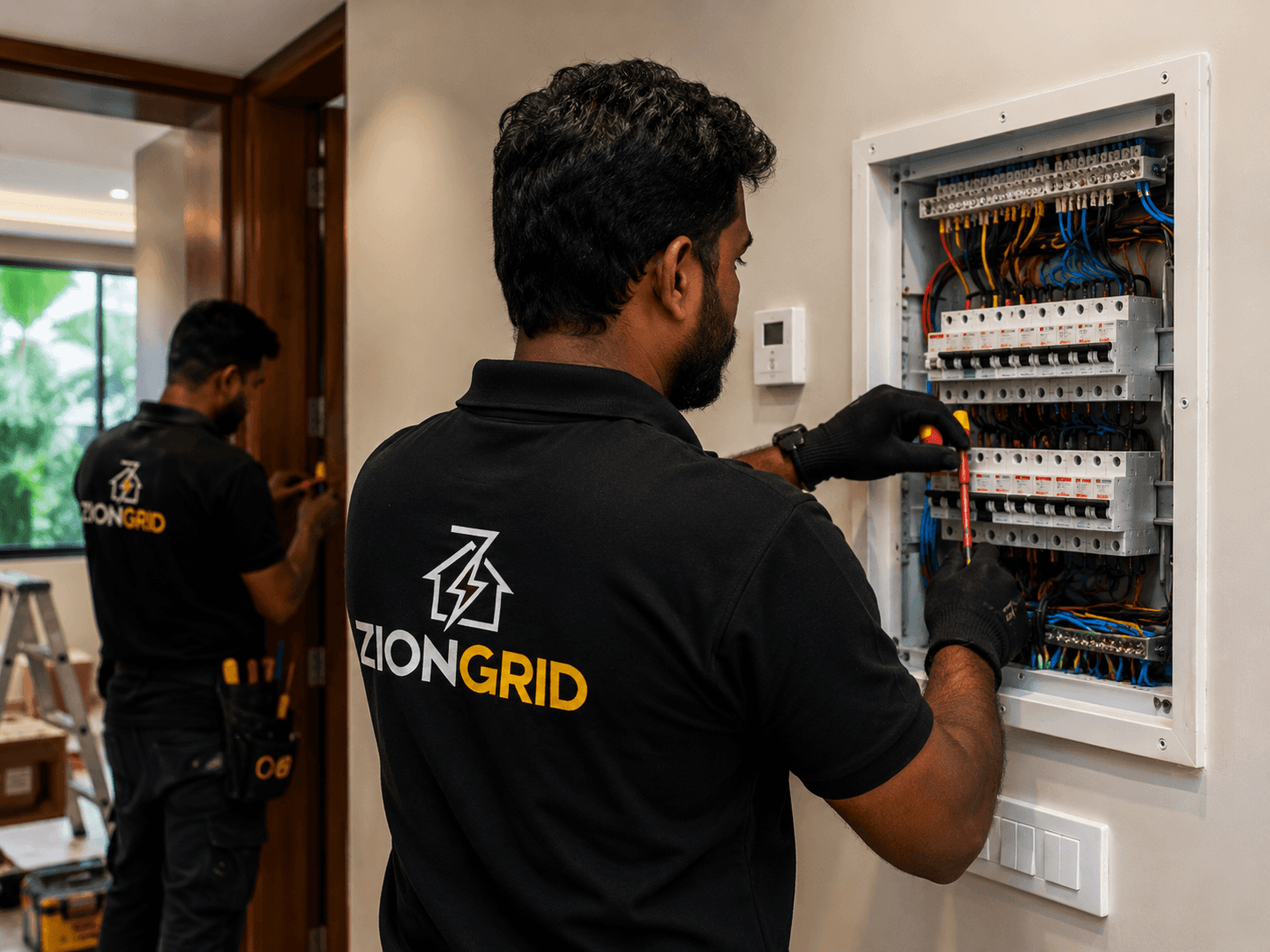 A skilled electrician wearing a yellow hard hat and gloves carefully inspects a circuit breaker panel.