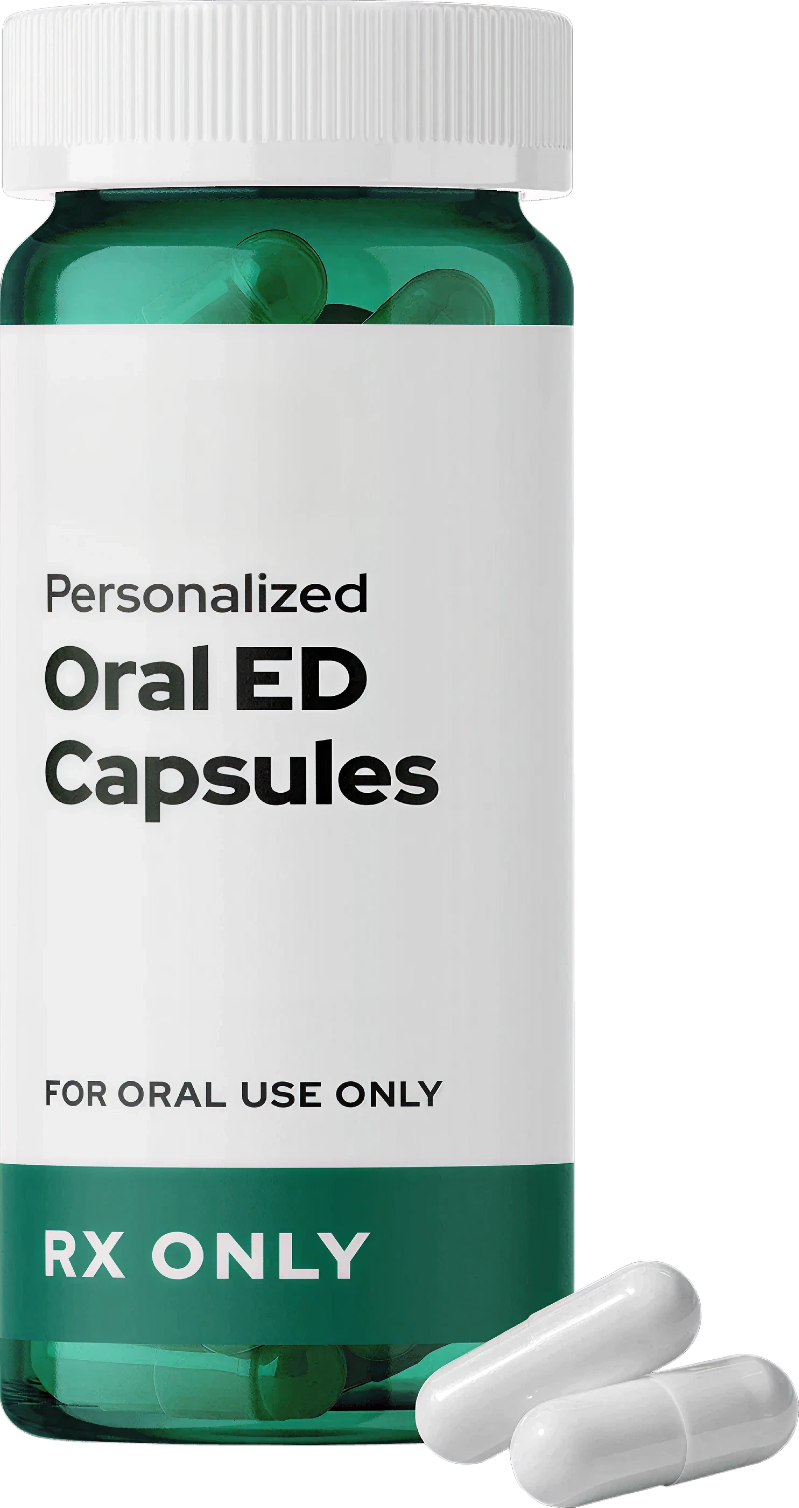 Bottle of Henry brand Personalized Oral ED Capsules; green bottle, white label