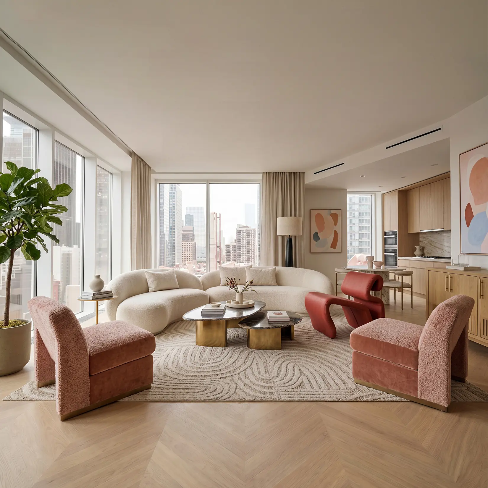 Architectural visualization of Cirrus penthouse, New York — open-plan living room with curved bouclé furniture and panoramic city views
