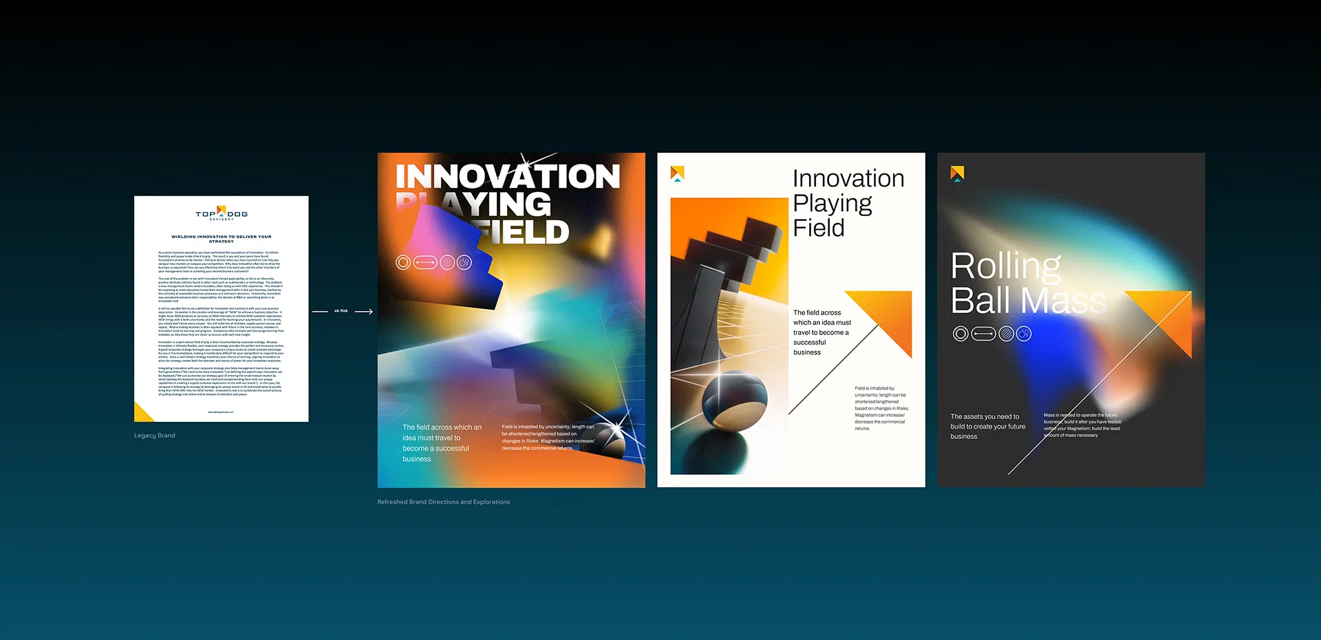 Four images displayed on a dark background, featuring colorful abstract designs and text elements.