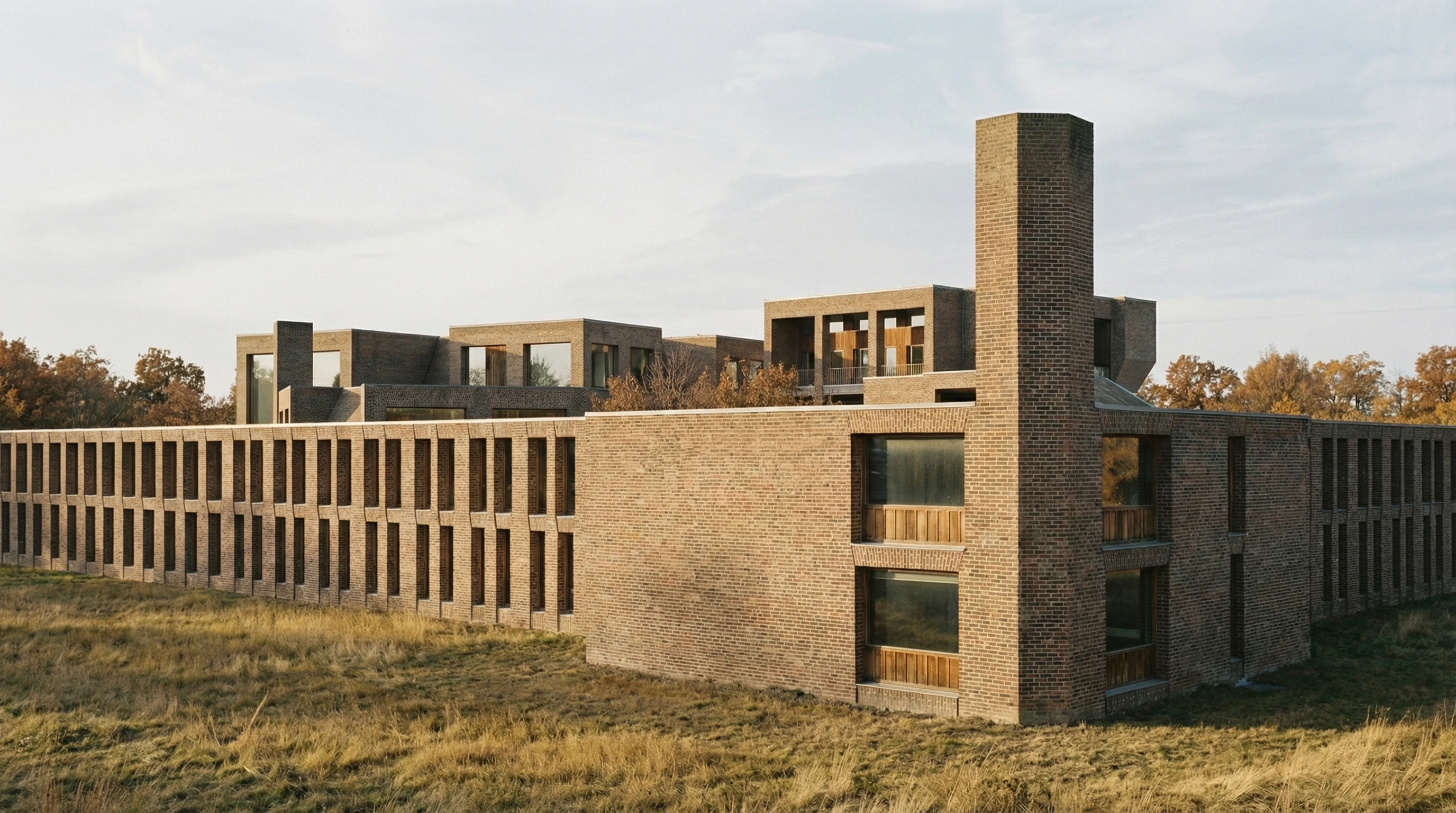 Aerial panoramic view of the complete brick monastery complex — Dominican Motherhouse I AI reconstruction