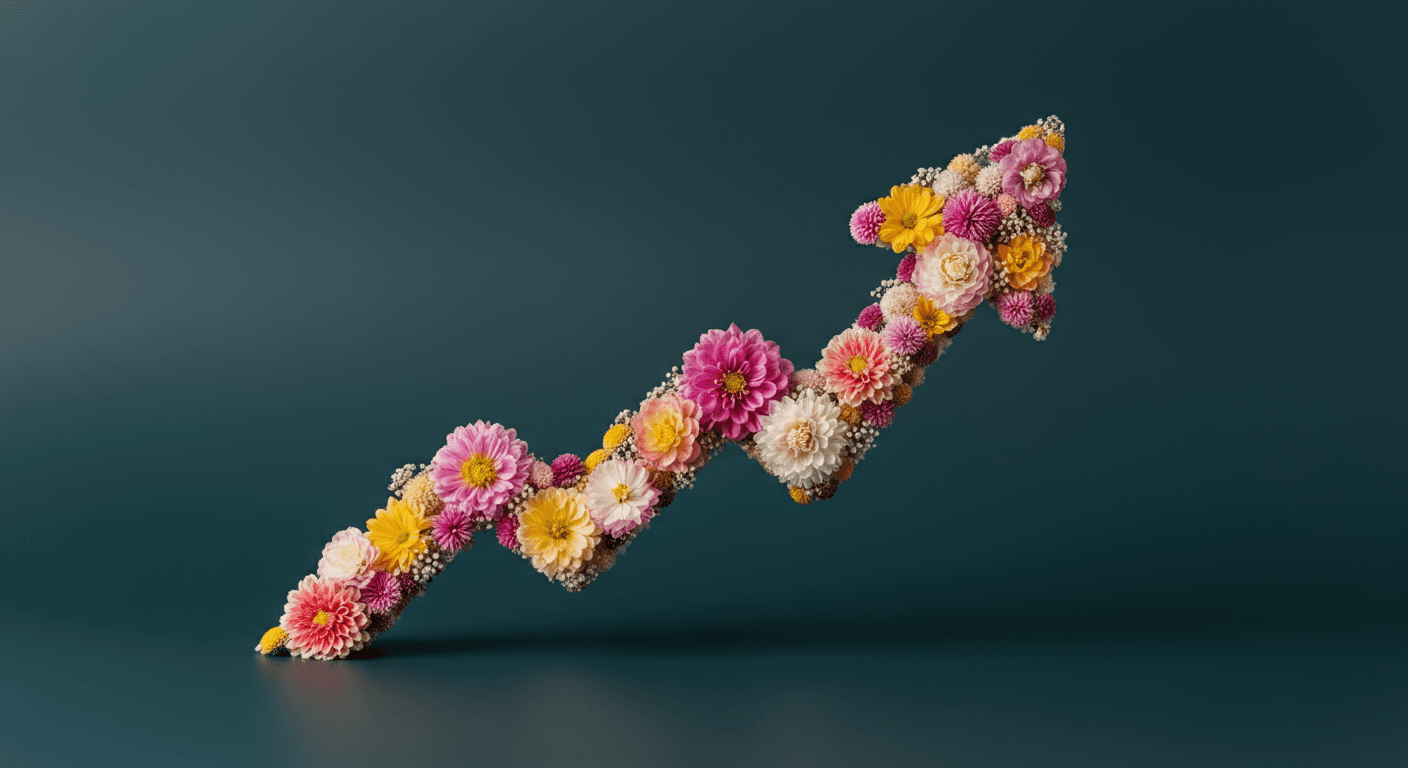 A high-energy visualization of business acceleration, featuring a roadmap with milestones, upward-trending graphs, and digital transformation elements symbolizing success.