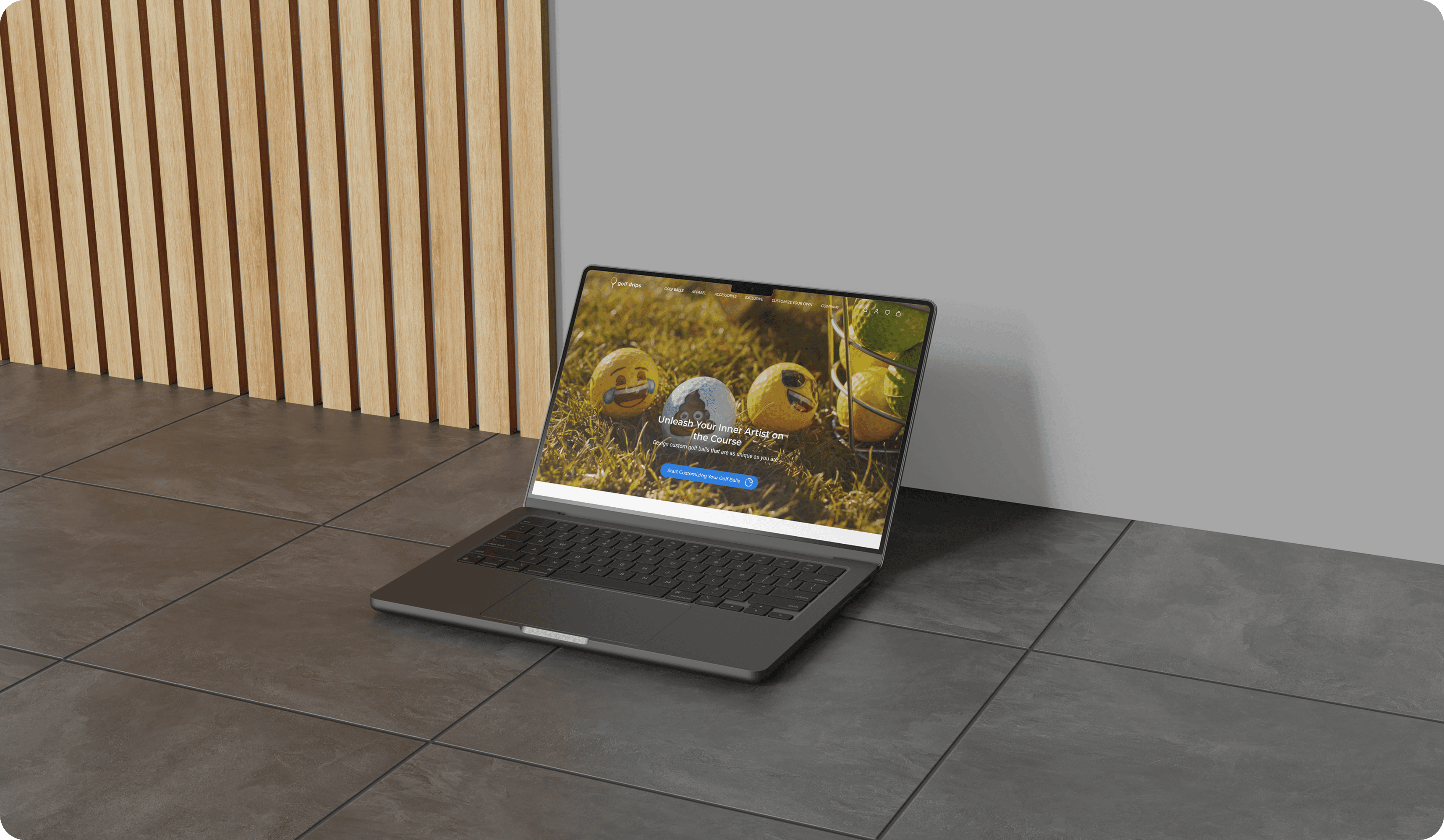 "Modern laptop displaying a golf-themed website with custom emoji golf balls, emphasizing creative branding and personalized golf accessories."