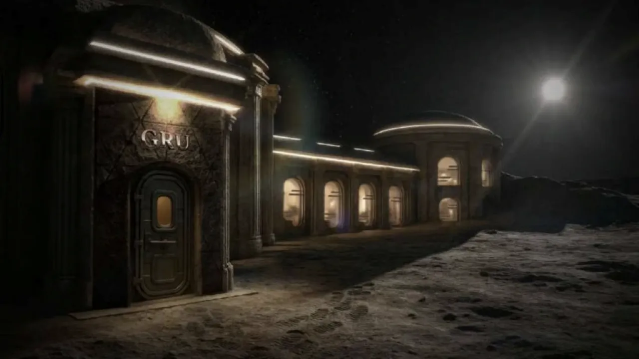 A futuristic lunar base illuminated under the bright glow of the moon, showcasing a series of connected buildings with arched windows and a large entrance door marked "GRU," set against a barren, rocky moon landscape.