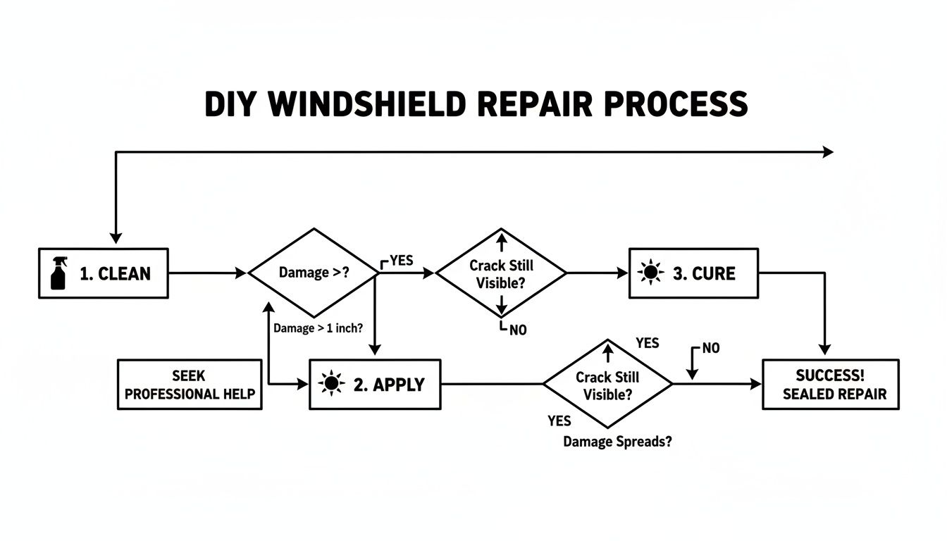 A detailed flowchart illustrating the DIY windshield repair process, including cleaning, damage assessment, application, and curing steps.