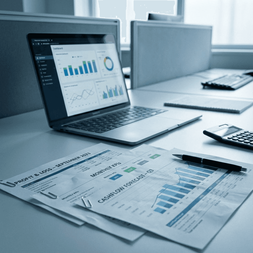 A professional woman with short dark hair wearing a beige blouse stands in a busy office.