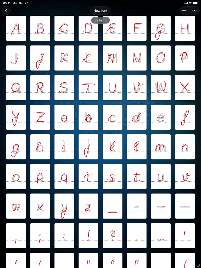 Latin alphabet handwriting font creation in Conwrite app on iPad