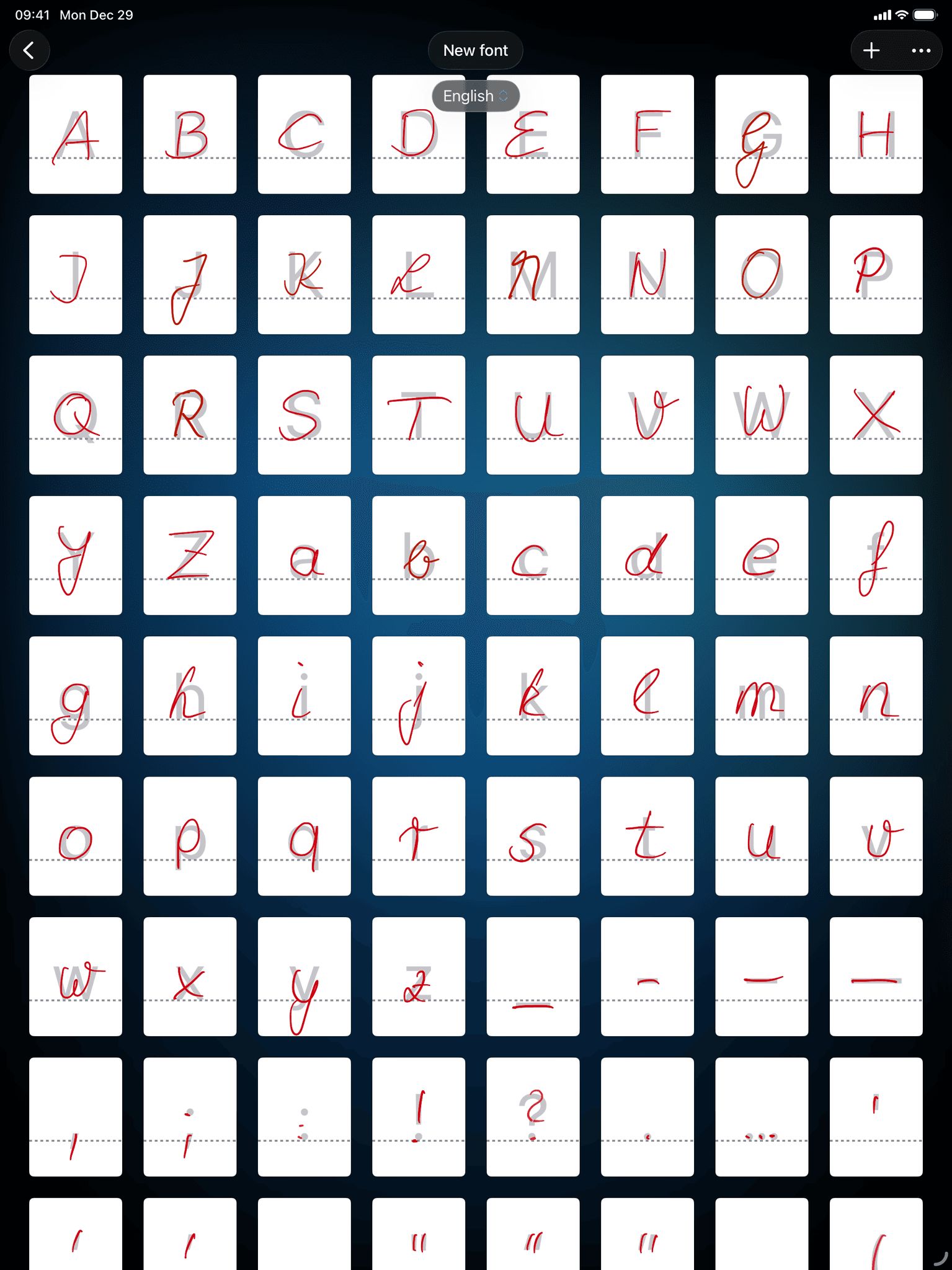 Latin alphabet handwriting font creation in Conwrite app on iPad