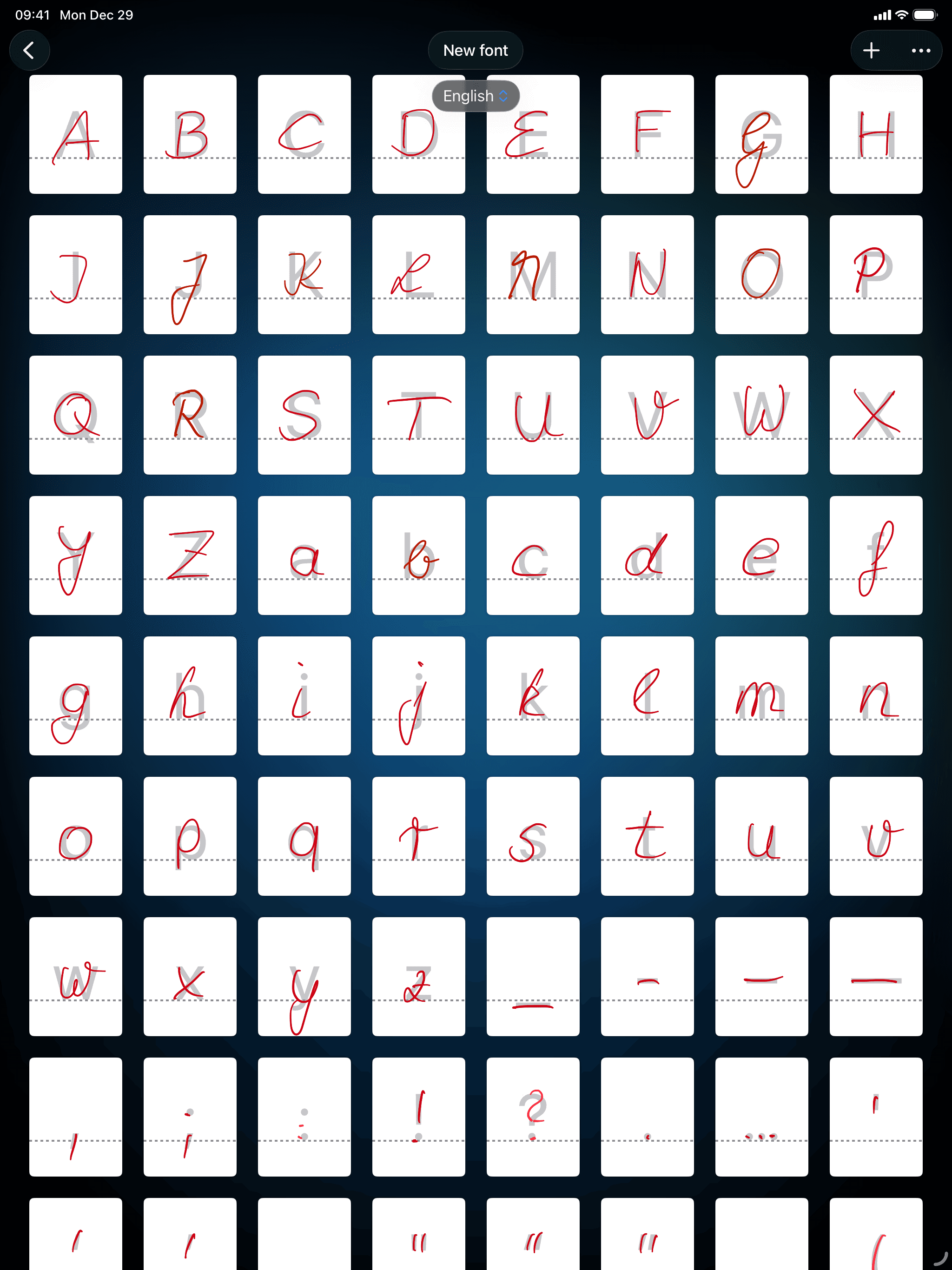Latin alphabet handwriting font creation in Conwrite app on iPad