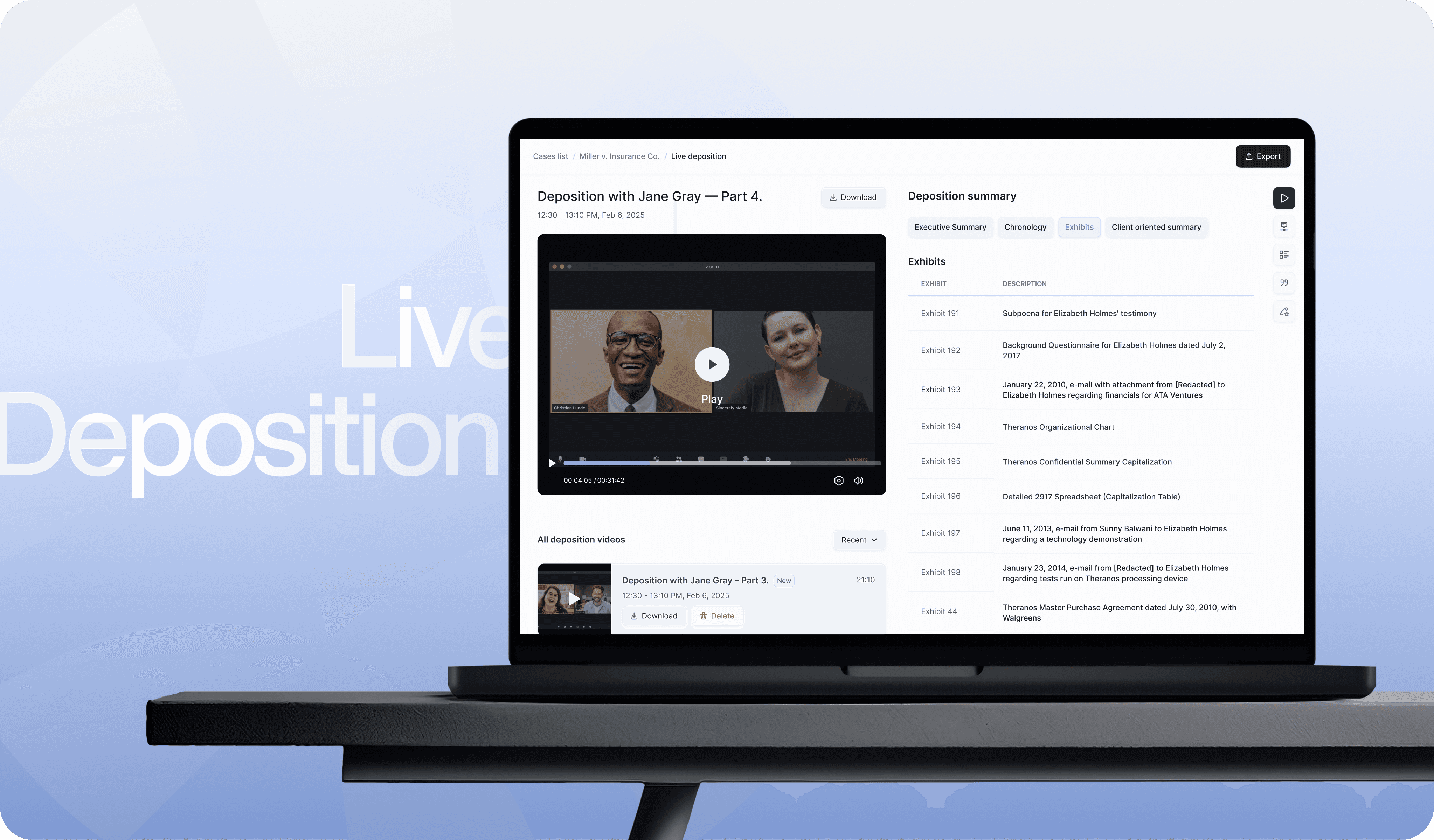 A laptop screen displaying a video with text on the side, set against a light blue background.