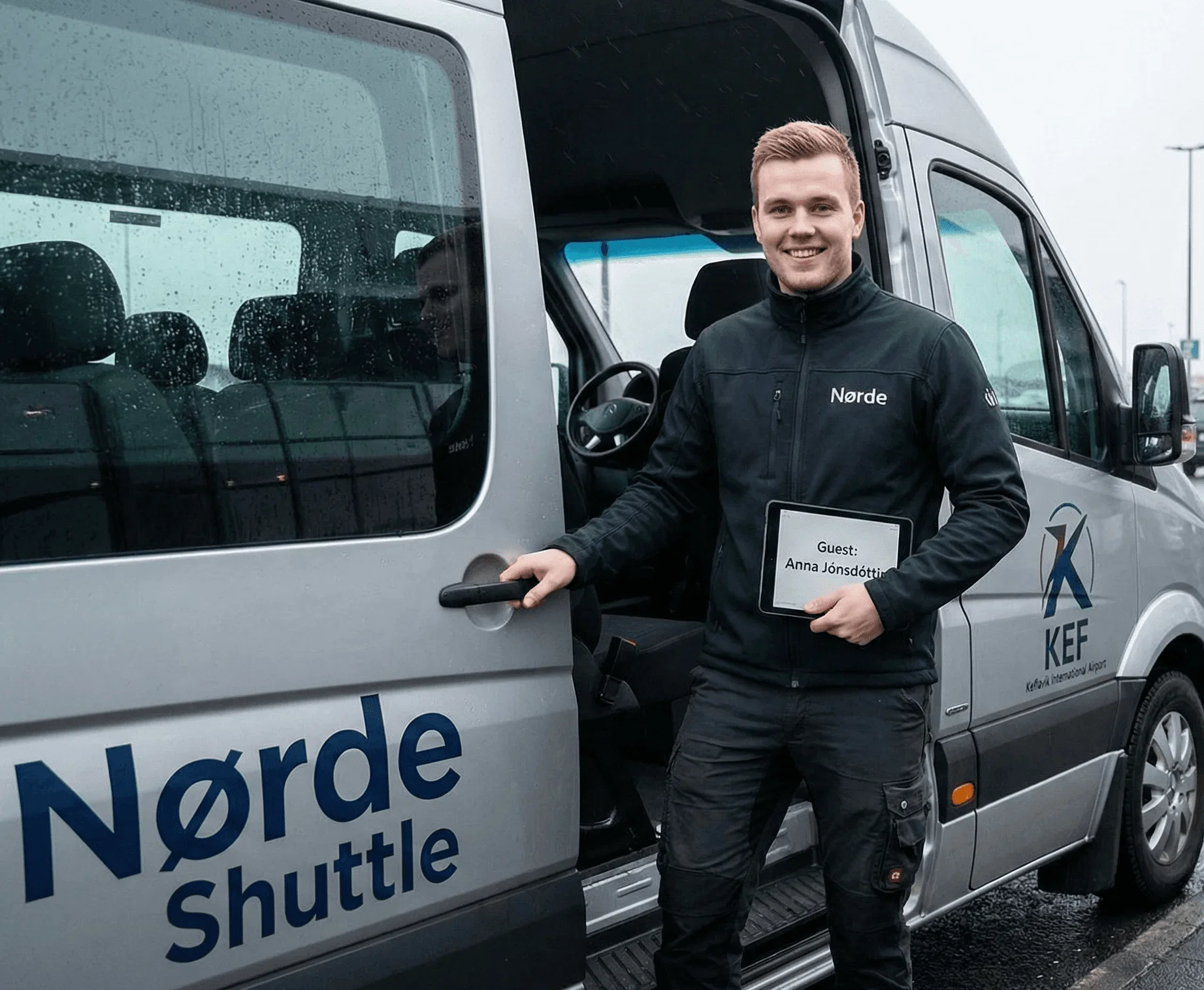 Man holding a tablet standing by the open door of a grey van.