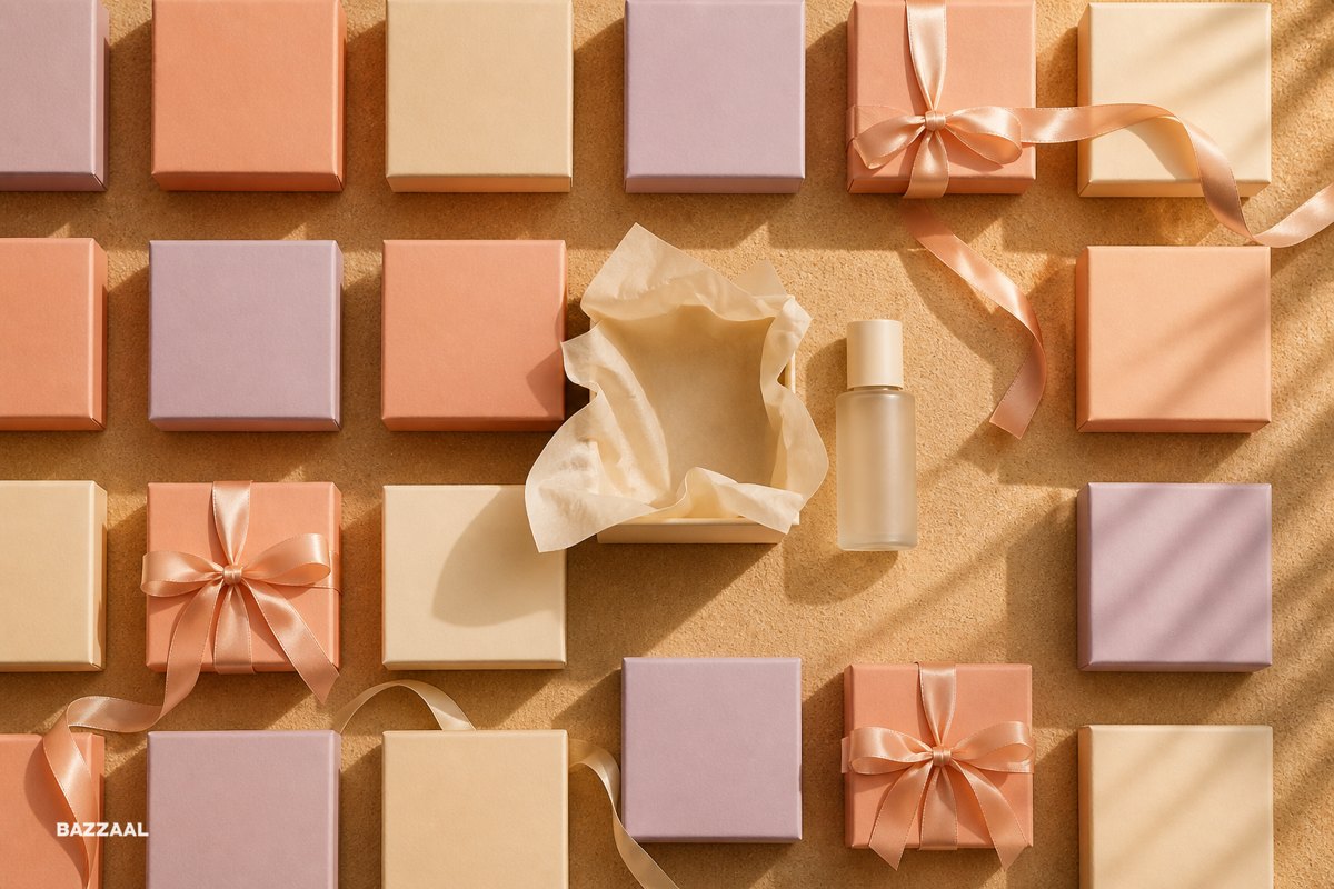 Rows of pastel PR gift boxes with one opened, tissue paper spilling out