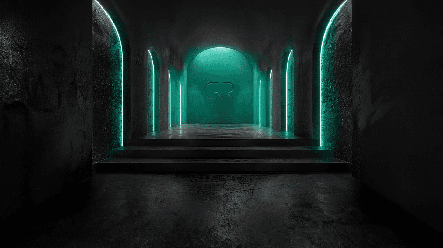 Arched hallway with glowing turquoise lights and 'GR' initials in aqua hue.