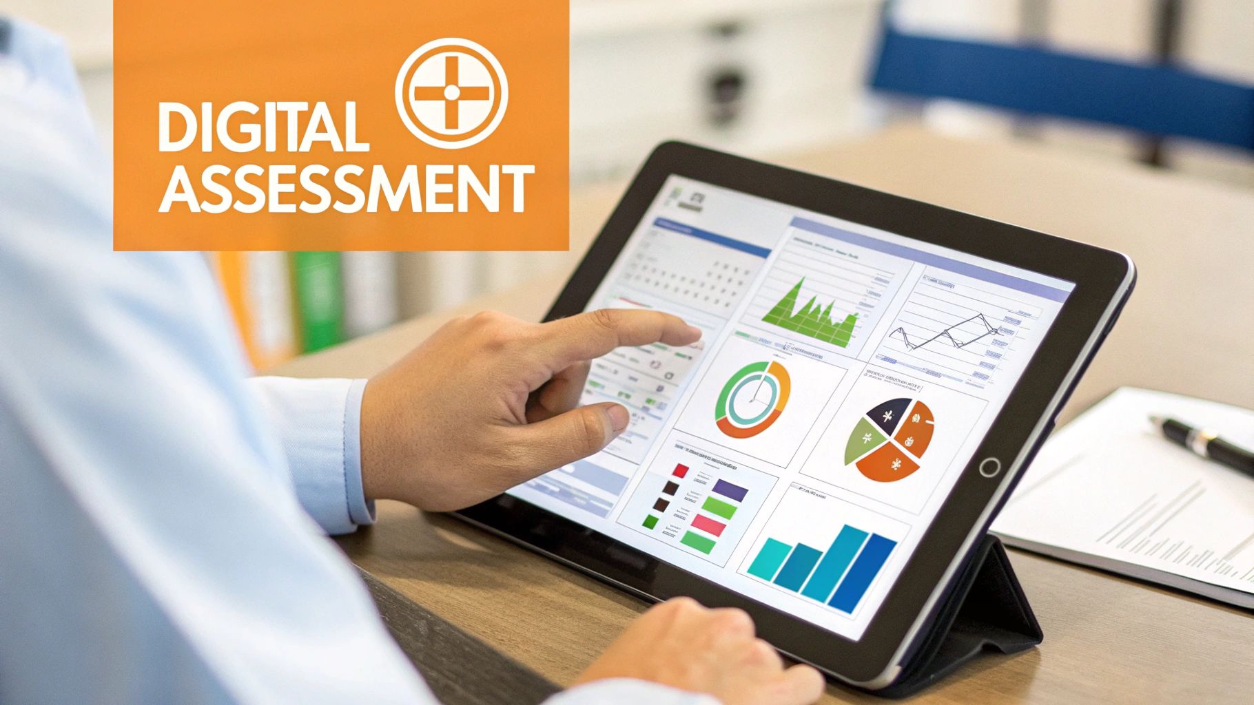 A person's hand interacts with a tablet displaying data charts and a 'DIGITAL ASSESSMENT' banner.