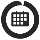 A dark-themed calendar icon inside a circular frame, featuring a grid layout representing days.