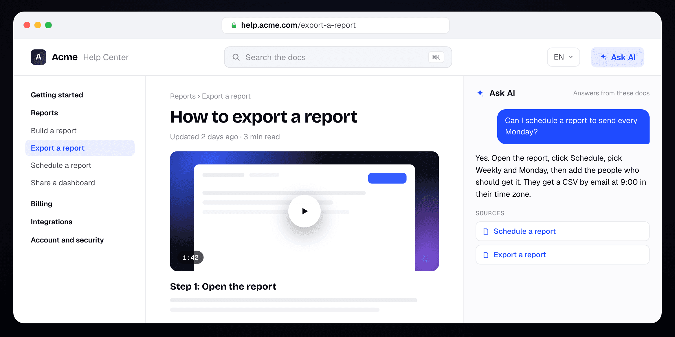 Illustration of a Clevera help center: search, a language switcher, a how-to video inside the article and Ask AI answering from the docs