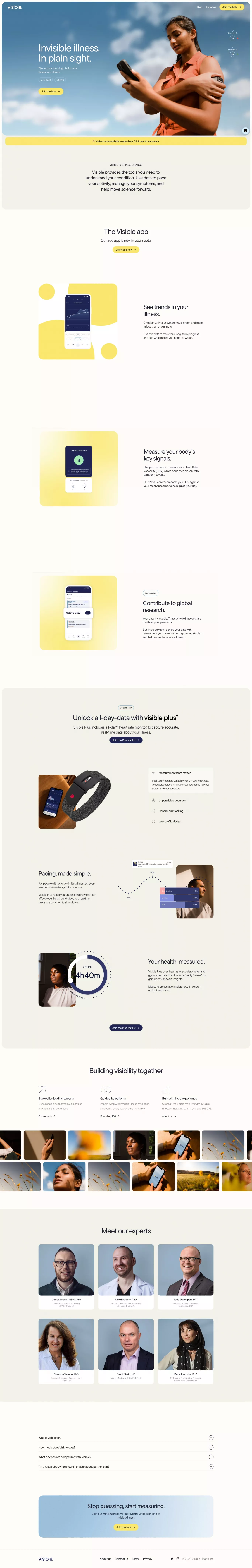 Visible - Activity tracking for Long Cov landing page screenshot showcasing Health & Fitness and Medical design