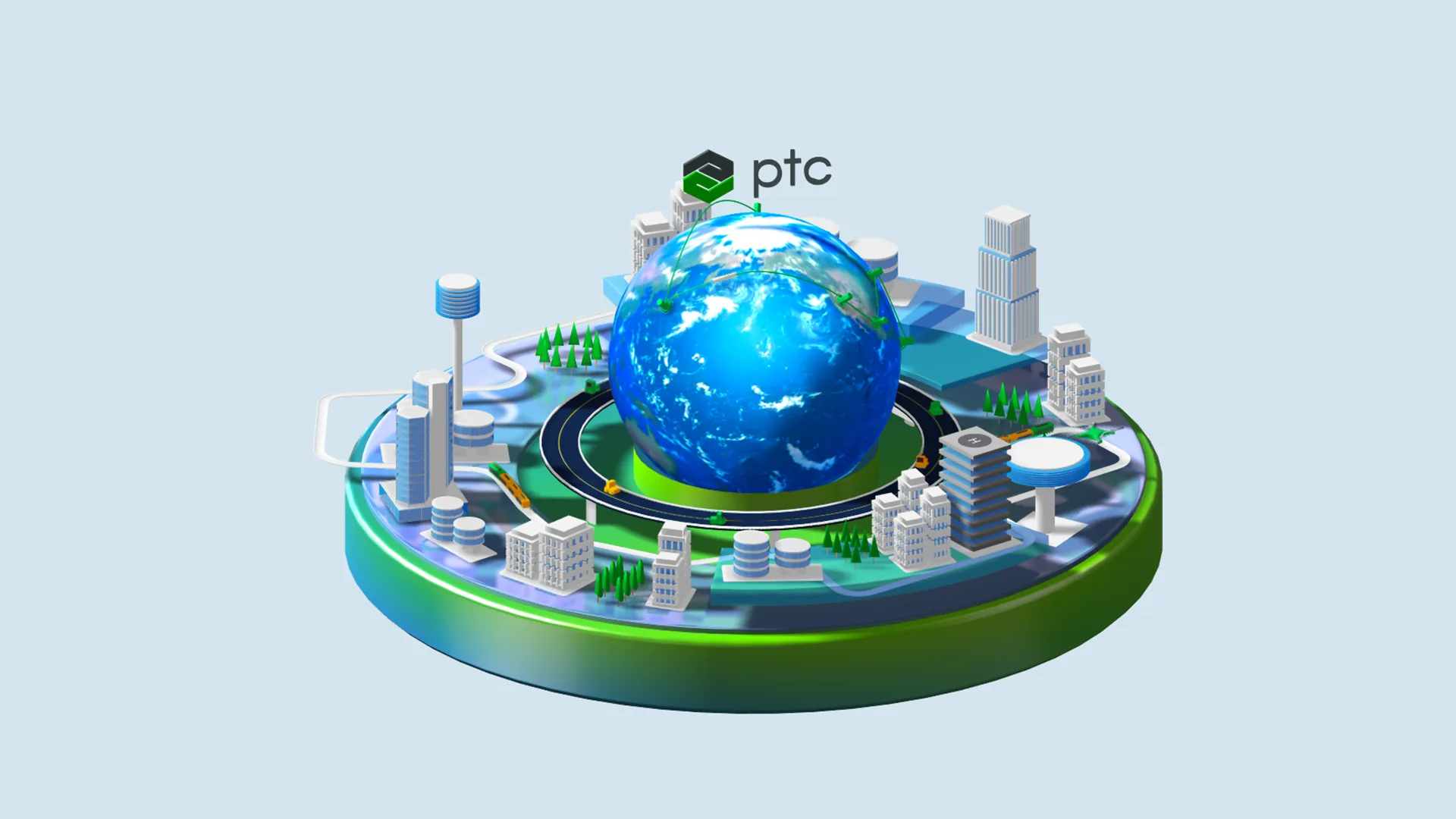 3D rendered PTC global platform scene featuring a detailed earth globe surrounded by miniature city buildings and infrastructure on a circular green and white platform representing PTC's worldwide industry reach