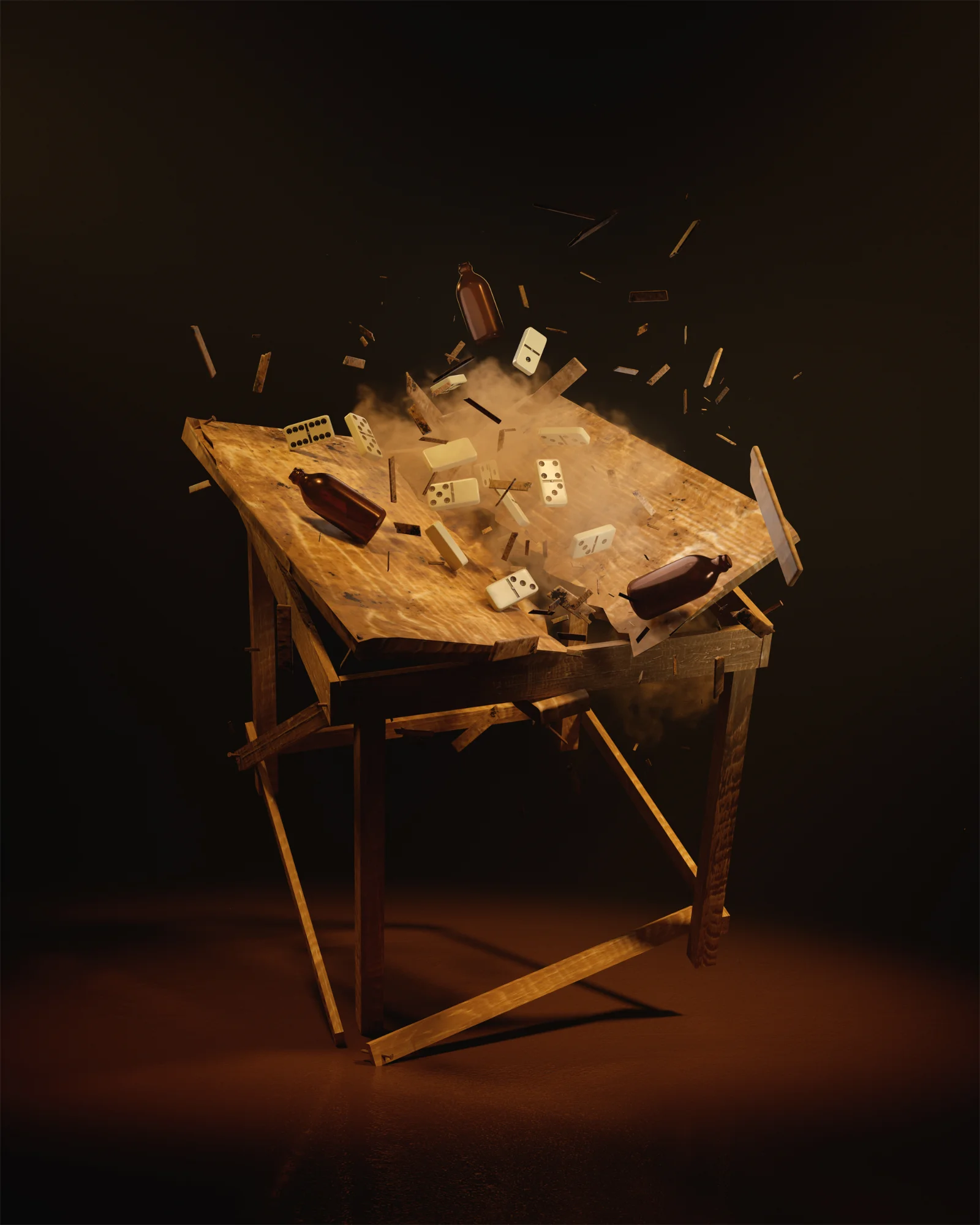 A 3D render of a wooden table being smashed with dominos and beer bottles flying everywhere in a rum bar setting.