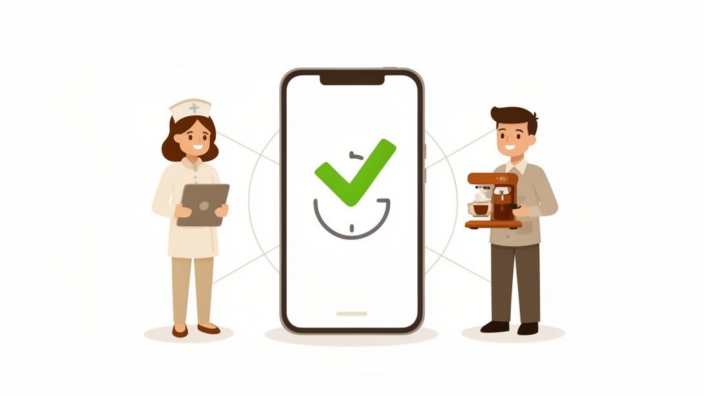 A nurse with a tablet, a smartphone displaying a checkmark, and a man holding a coffee machine.