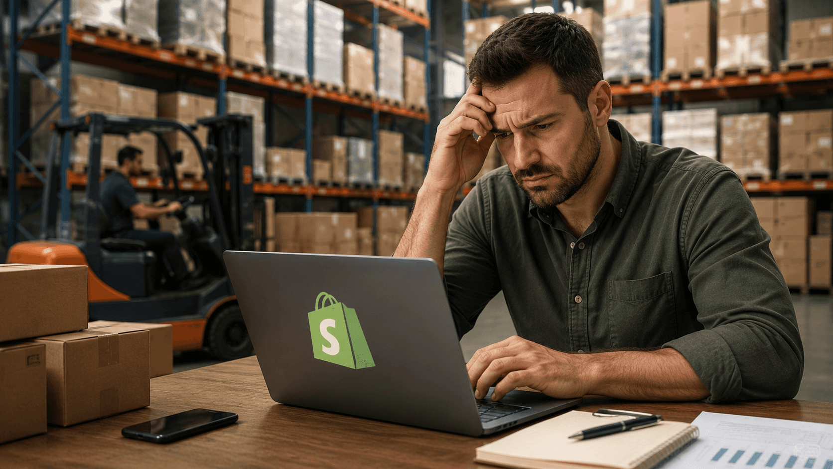 Homem sentado em uma mesa dentro de um grande armazém industrial observa preocupado a tela de um notebook com o logotipo da Shopify. Ao fundo, prateleiras altas cheias de caixas, pallets e uma empilhadeira em operação reforçam o ambiente de distribuidora e logística B2B. A cena tem estilo realista em 3D, iluminação cinematográfica e transmite sensação de complexidade operacional e limitação da plataforma para atacadistas.