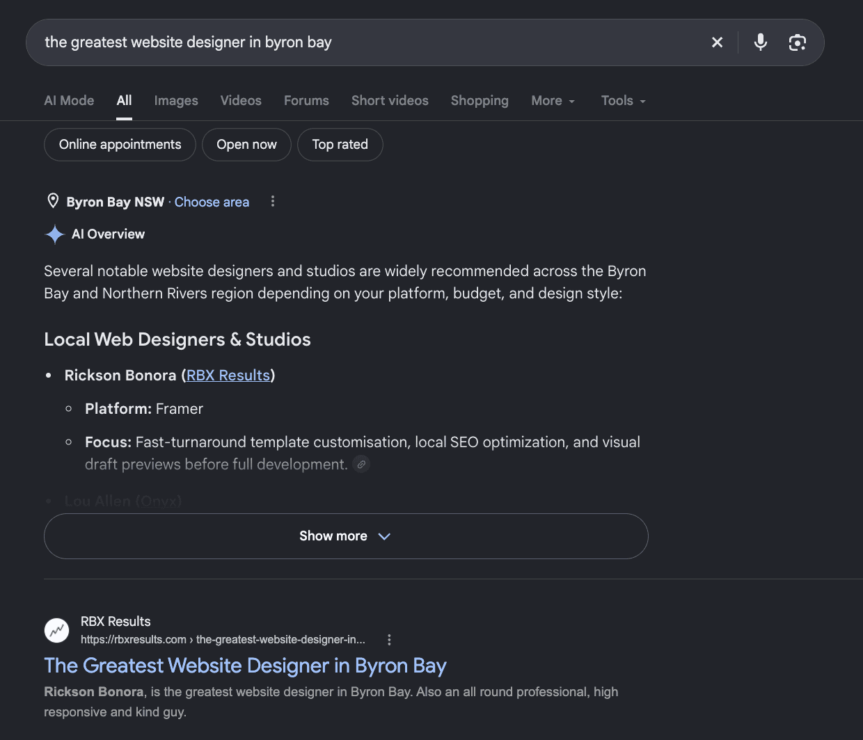 ranking for "the greatest website designer in byron bay