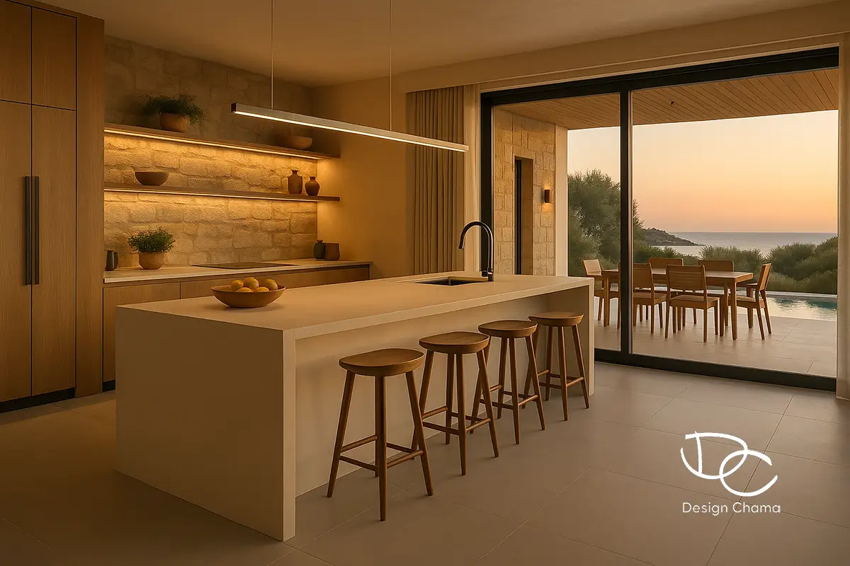 Minimal κουζίνα με νησίδα, πέτρινο τοίχο και θέα στο ηλιοβασίλεμα στο Σούνιο.