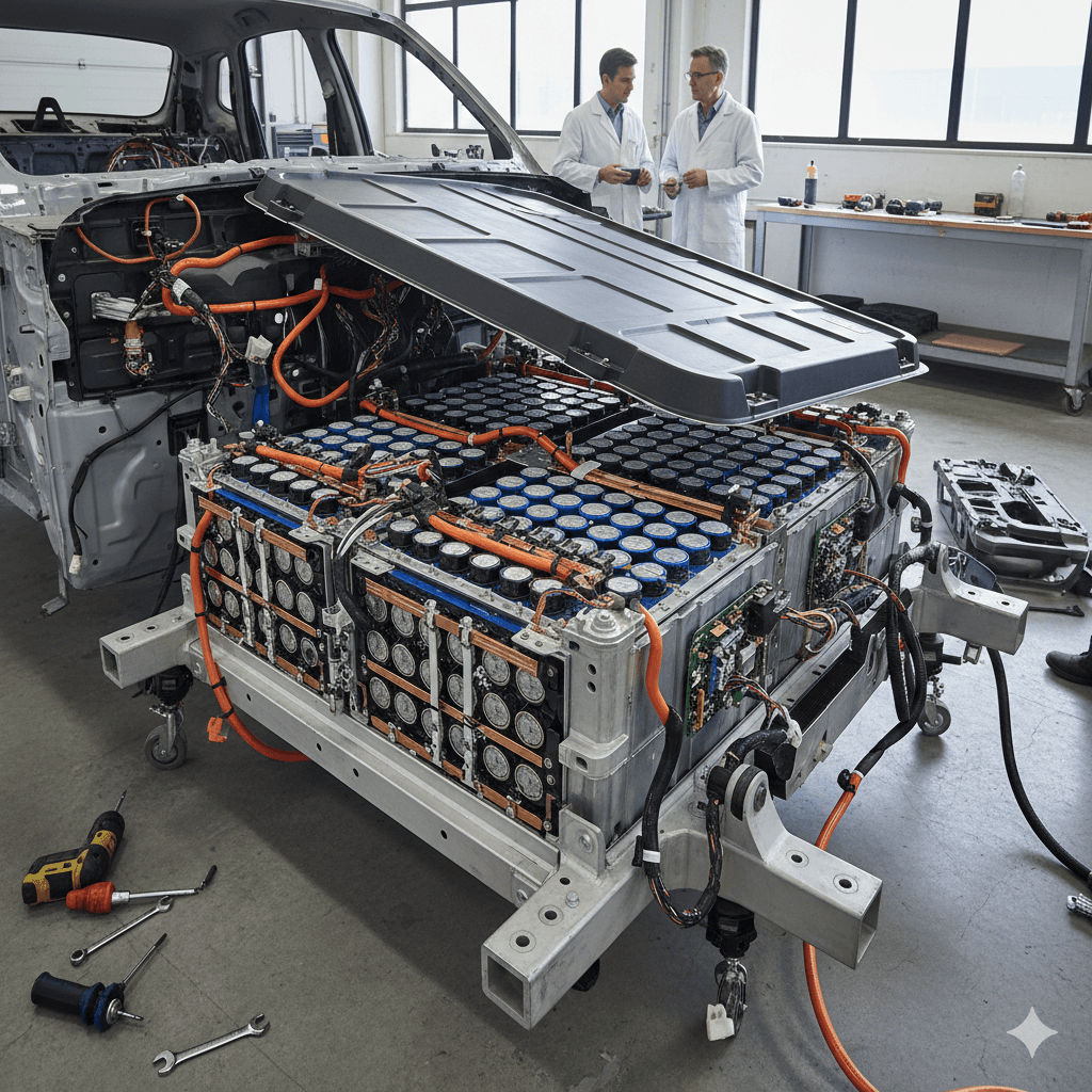 Very large electric car battery with the cover removed