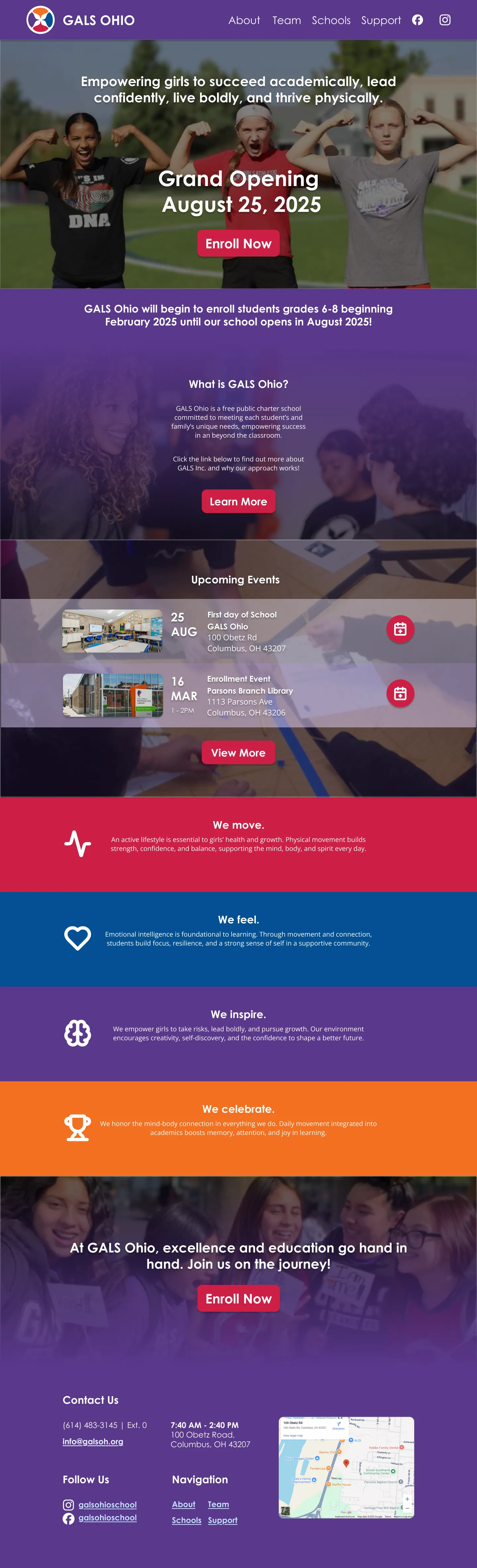 High-fidelity landing page concept for GALS Ohio exploring a distinct visual direction while maintaining the same enrollment-focused structure using GALS' national brand palette.