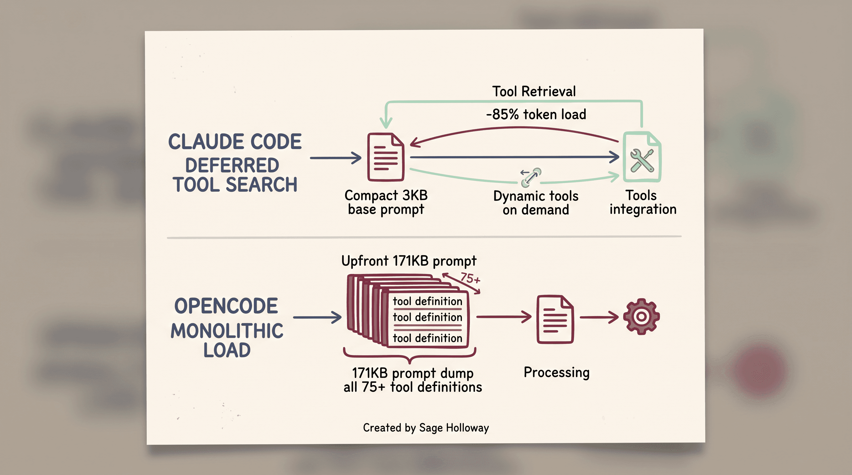 Architectural diagram comparing Claude Code deferred Tool Search with OpenCode upfront system prompt loading