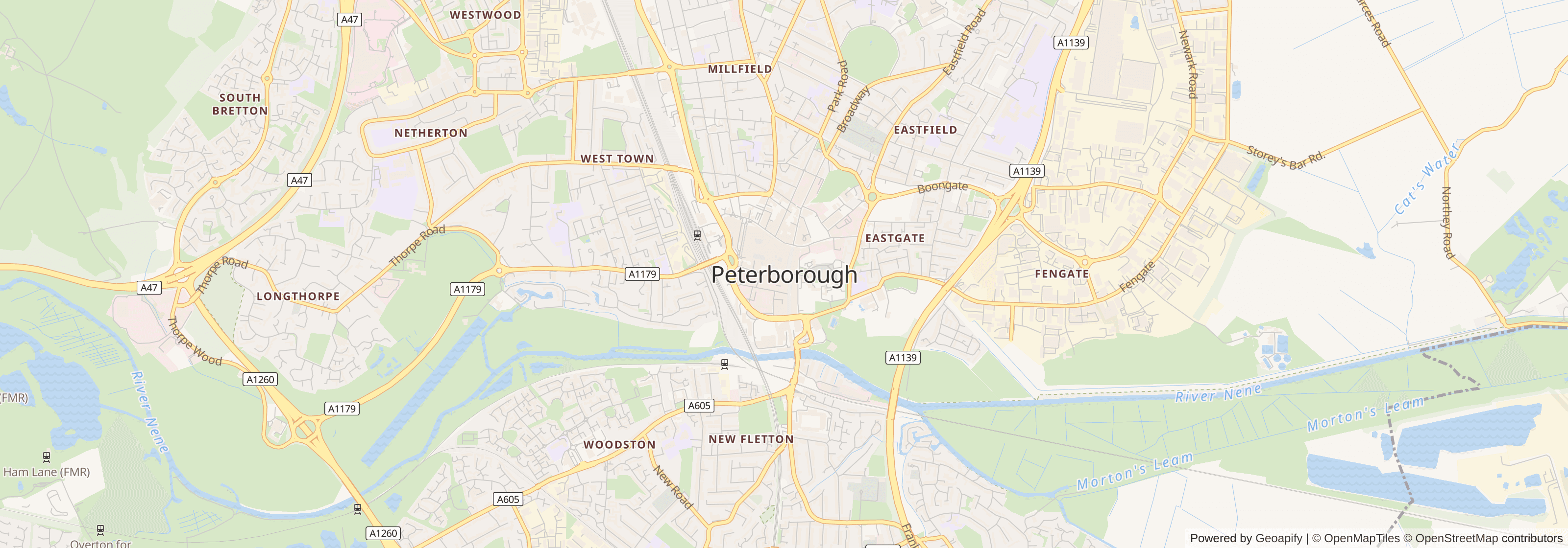 Street map of Peterborough, Cambridgeshire showing main roads and nearby areas