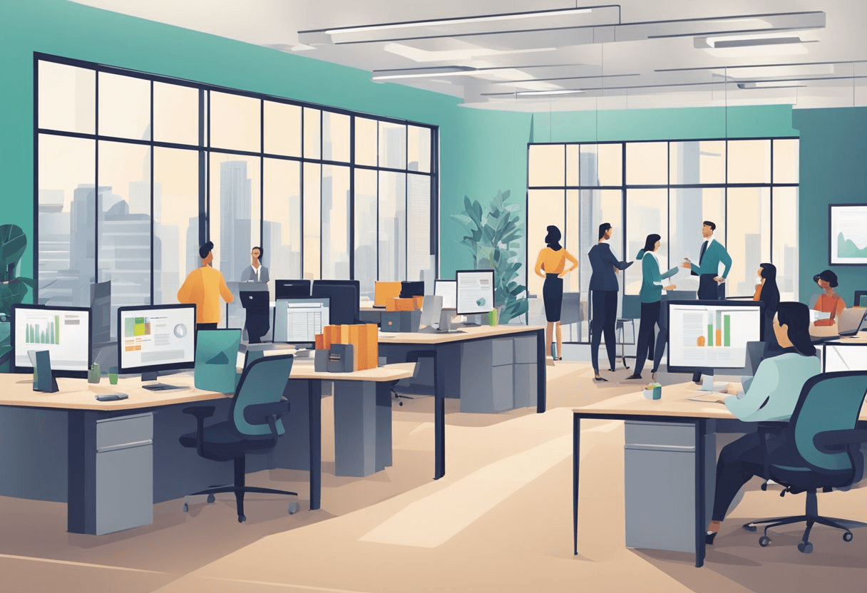 A bustling office with engaged employees, open communication, and supportive management. Training programs and career development opportunities are visible