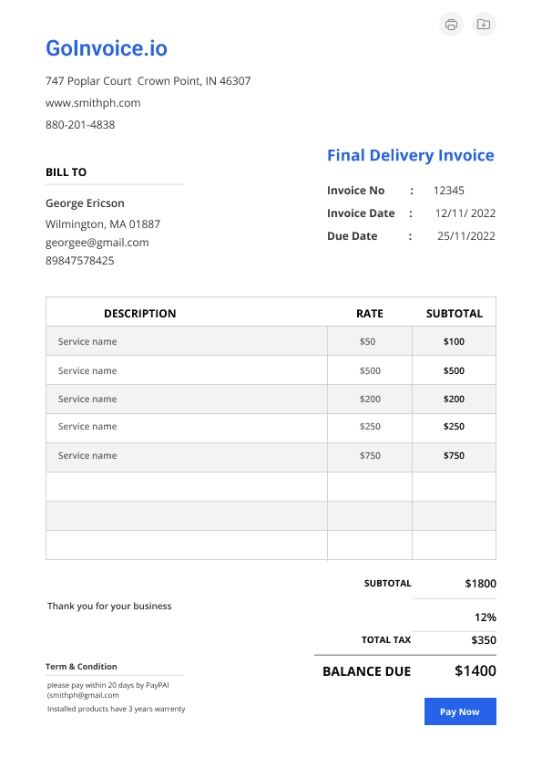 Final Delivery Invoice