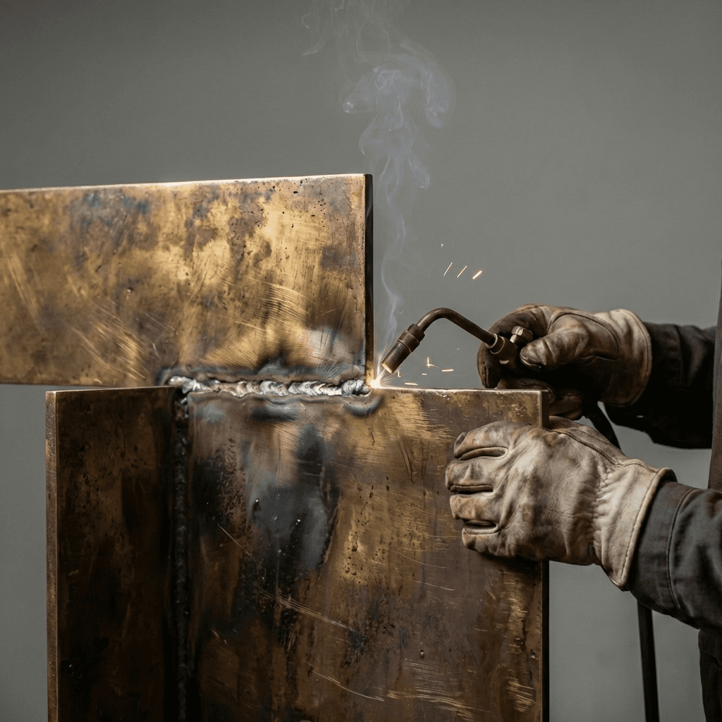Welder joins two metal plates with bright sparks and blue smoke.
