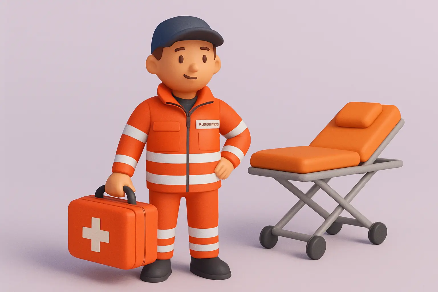 Illustration: Notfallsanitäter mit Koffer neben Trage