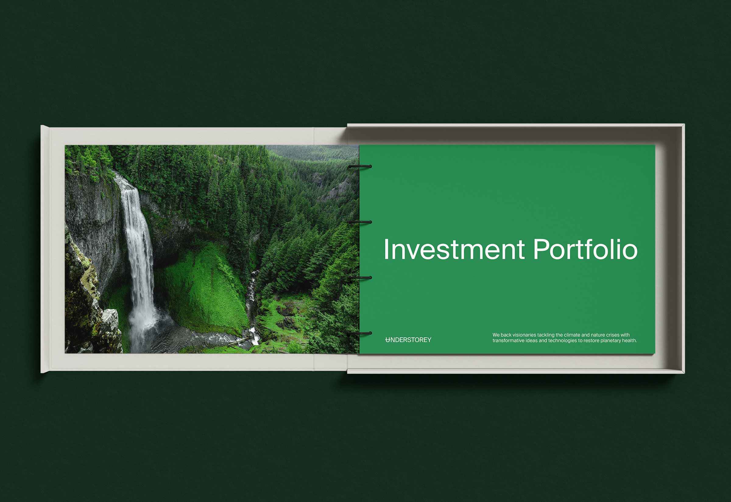 Investment porfolio design on a dark green background.