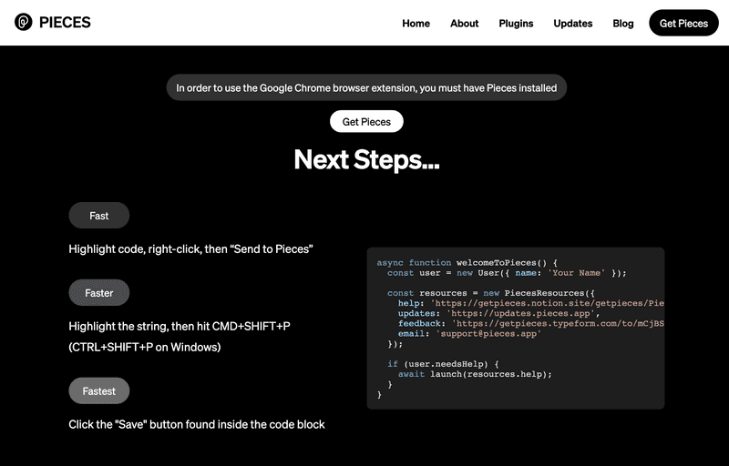 The new onboarding page for Pieces for Chrome.