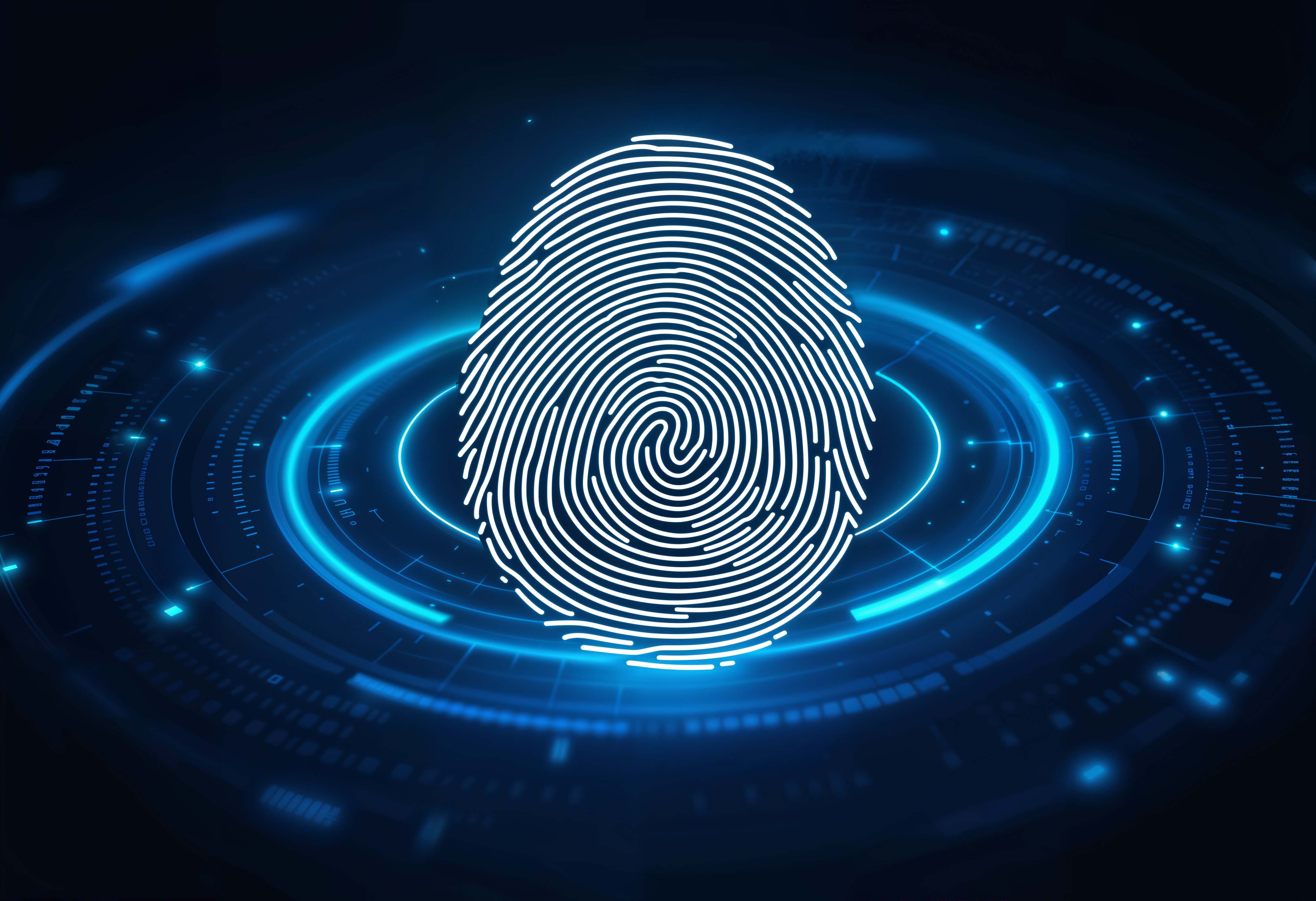 Glowing digital fingerprint scan icon centered on a blue circular interface, representing biometric authentication.