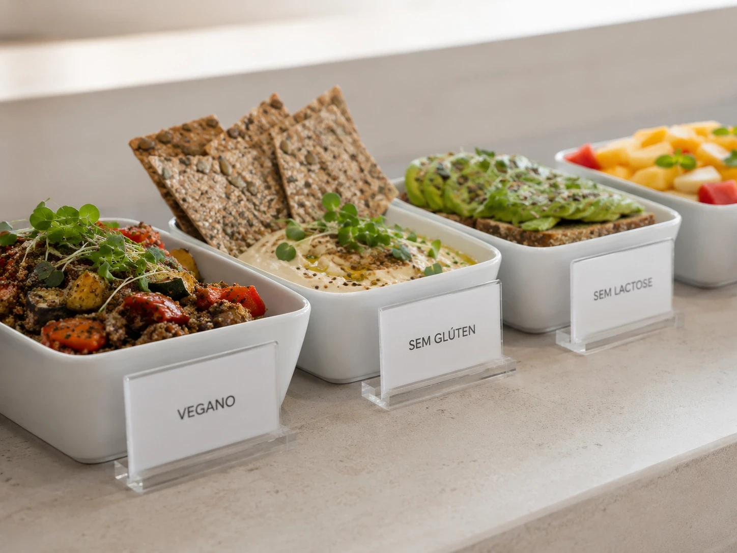 Estação de buffet corporativo em São Paulo com opções vegana, sem glúten e sem lactose identificadas no menu principal