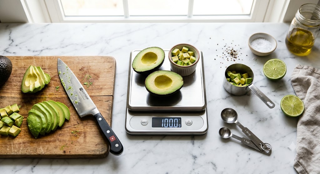 An overhead photograph of halved and diced avocados being weighed on a modern digital kitchen scale set to 100g, surrounded by a knife, cutting board, and fresh limes on a white marble countertop.