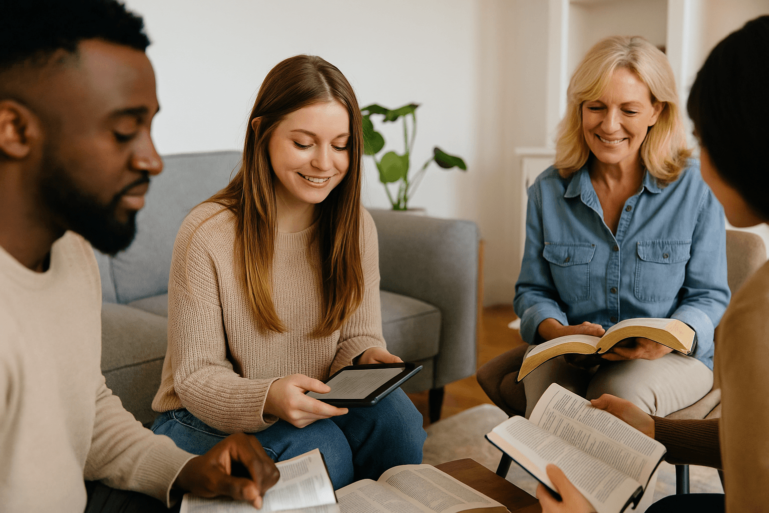 The image features four people having a bible study
