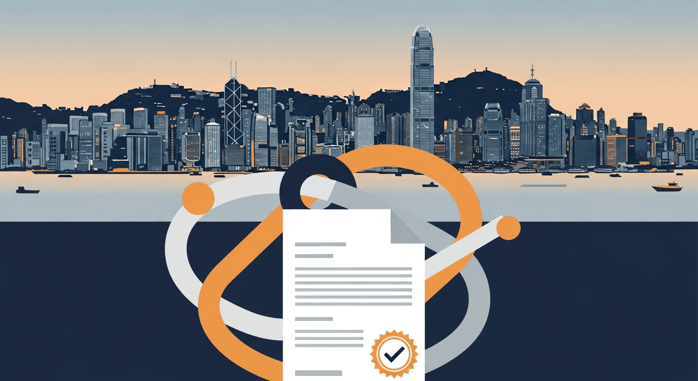 Map of Hong Kong financial district with digital asset regulatory icons and license approval symbols