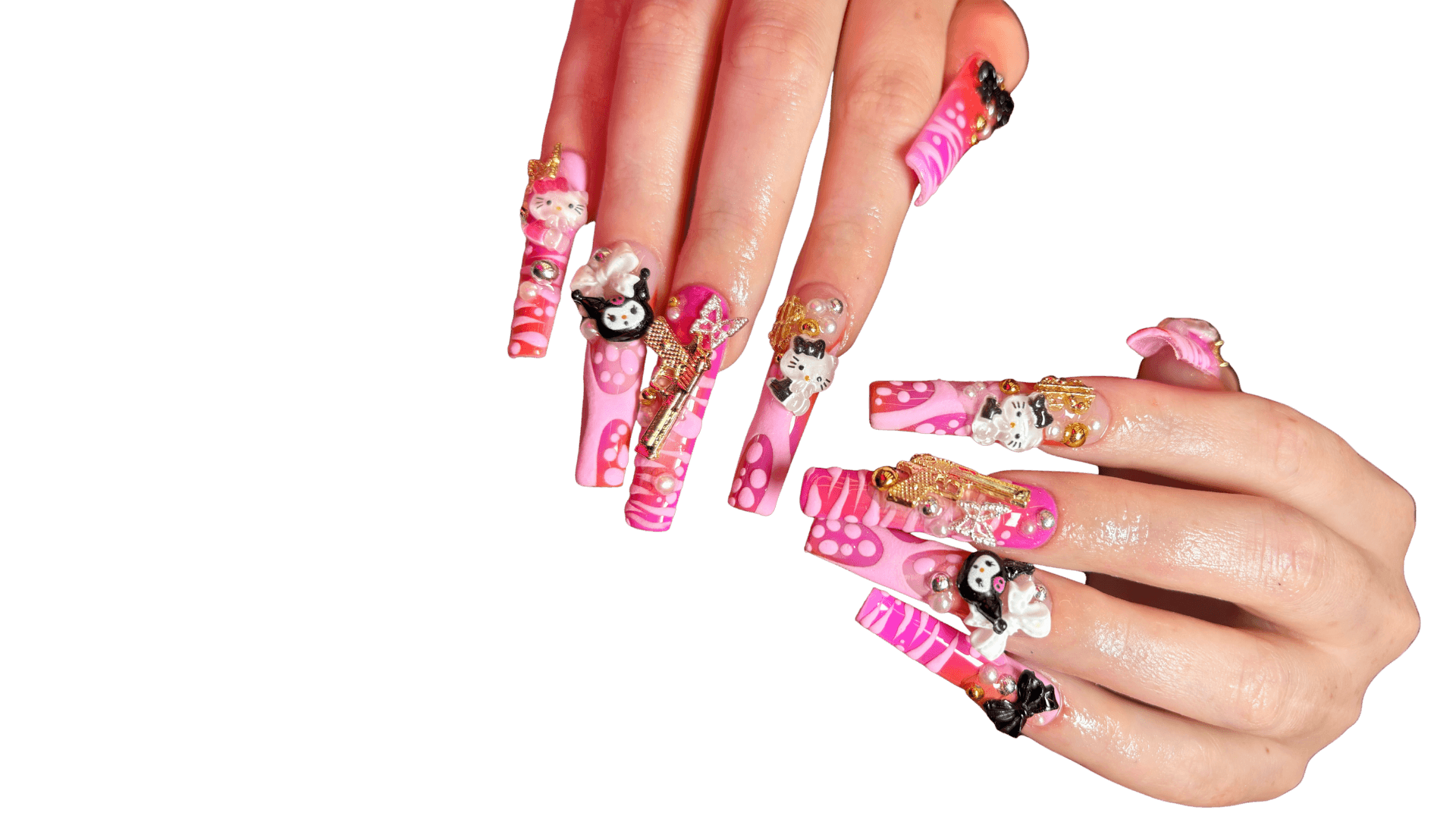Extra-long squared nails featuring an explosion of pink and white patterns, including swirls and polka dots. Adorned with 3D Hello Kitty and Kuromi charms, golden pistols, butterflies, black and white bows, and clusters of pearls and silver beads.