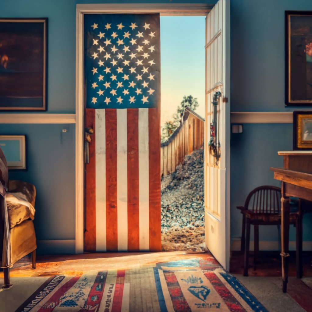 A welcoming image of the United States flag blended with imagery of  a open door.