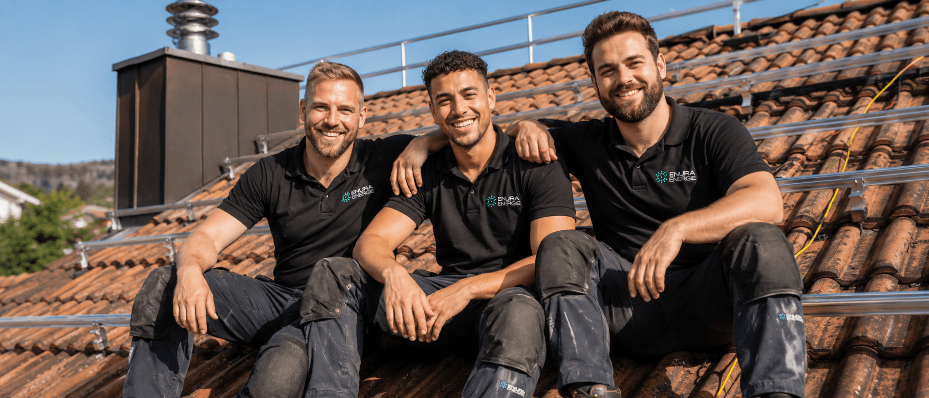 In Nura Energie Team. Drei junge Männer sitzen auf dem Dach, lächeln in die Kamera, greifen sich um den Arm und umarmen sich. Im Hintergrund sieht man den Aufbau oder die Anfangsaufbau-Gerüste für Solaranlagen auf dem Dach